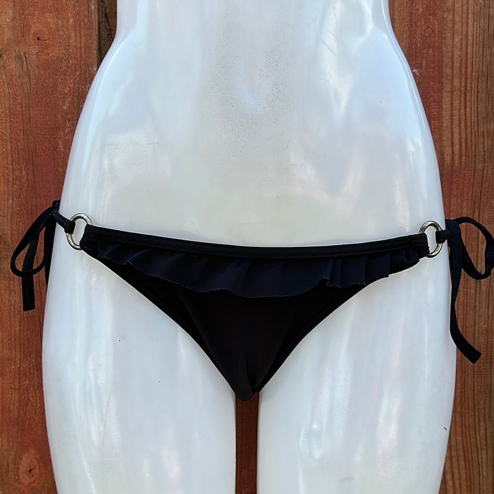 Plunge Black Ruffle Tie-Side Bikini Bottom Size M